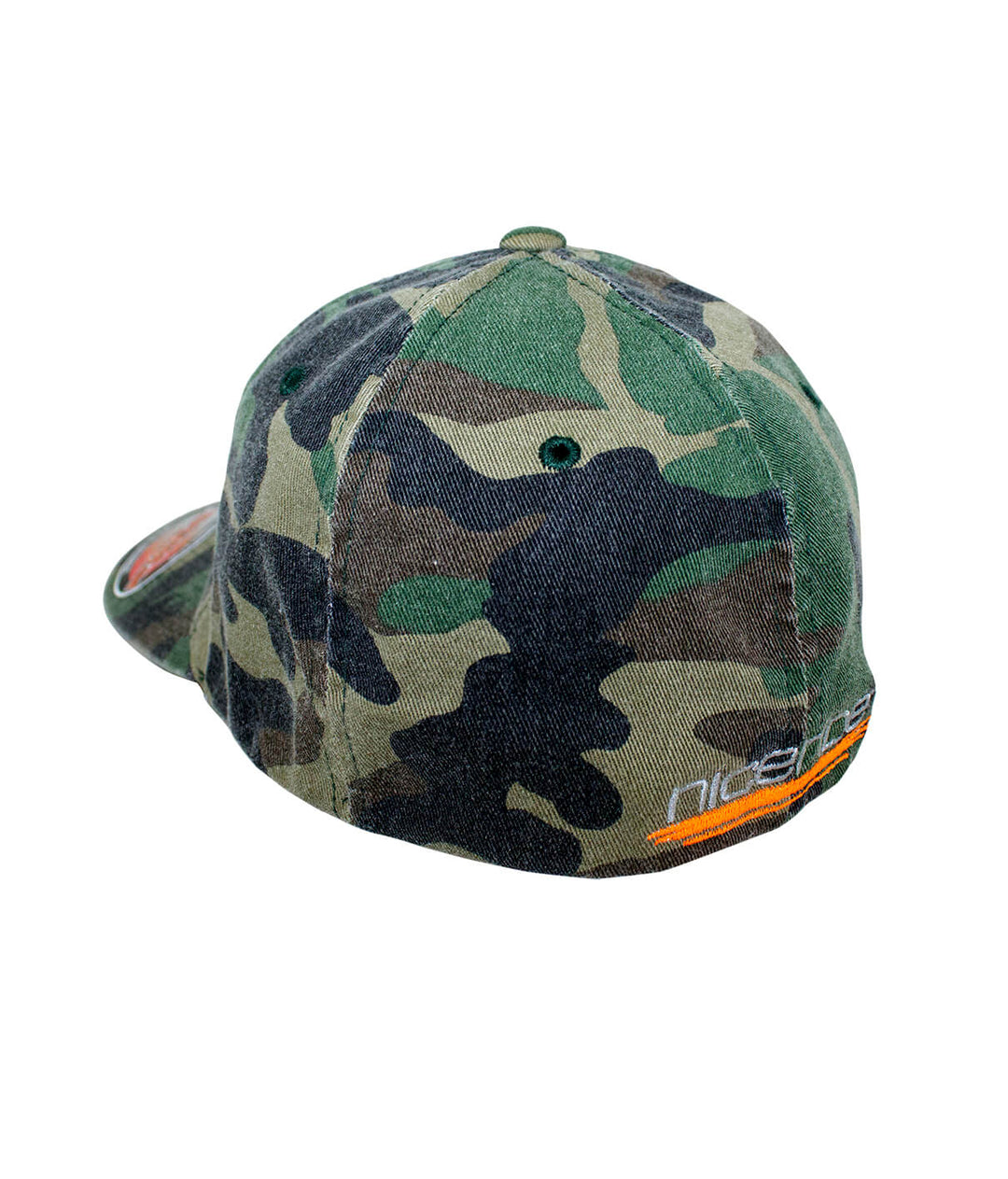 Back view of NICERIDE camo Classic Flexfit hat featuring the NICERIDE logo in orange.