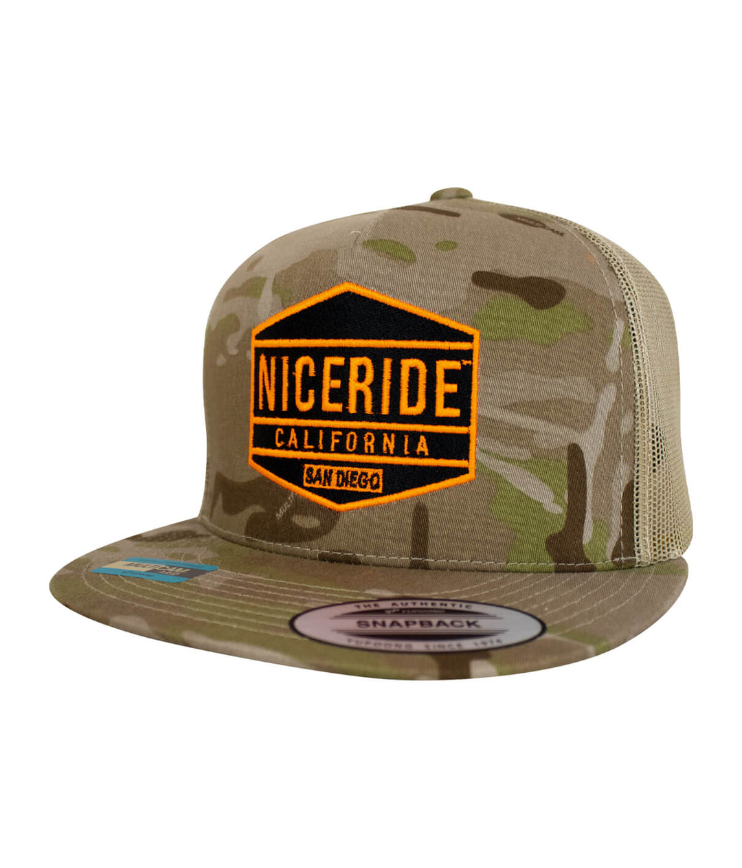 NICERIDE camo snapback hat with embroidered logo, perfect for style and comfort.