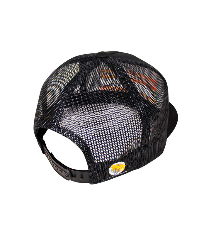 Back view of Cali Life - Orange trucker hat showing mesh design and snapback closure, ideal hat for casual wear.