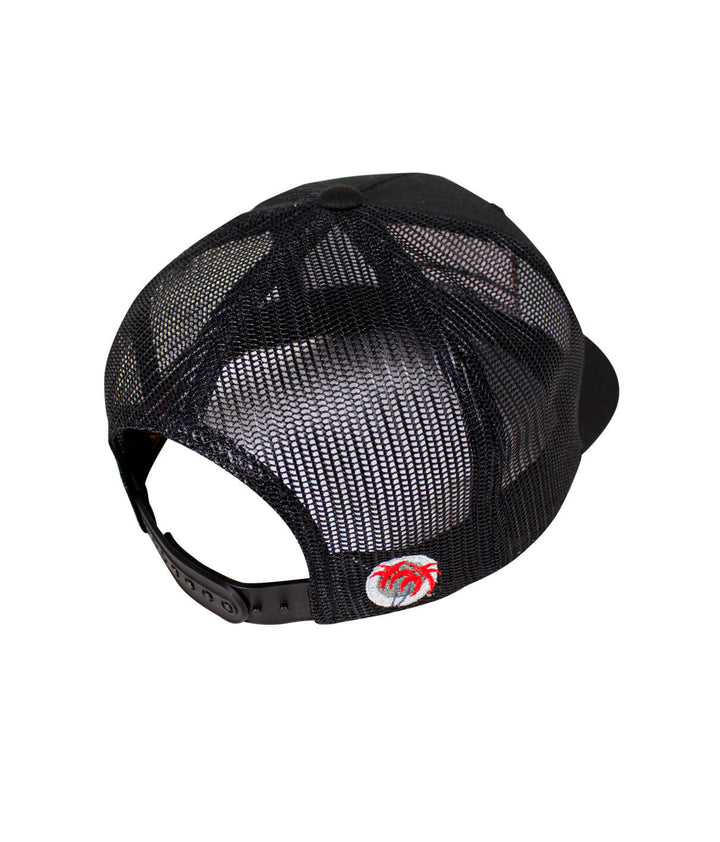 Back view of the Good Times Retro Trucker Hat showcasing the Blacked Out Classic Palm Logo.