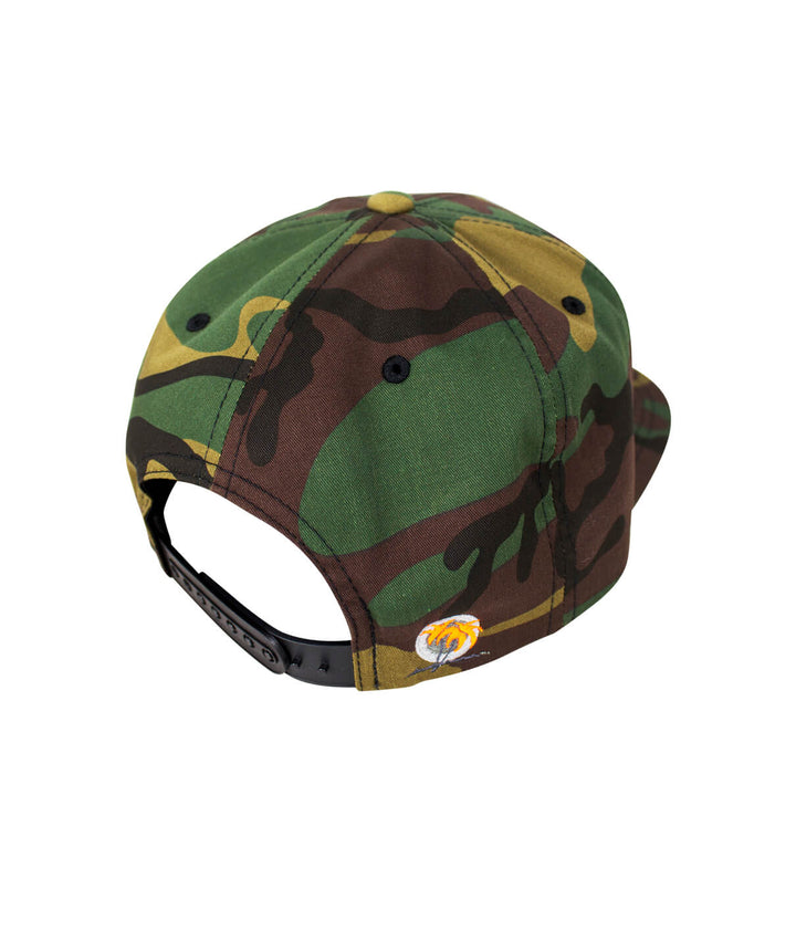 Back view of a camouflage snapback hat with black adjustable strap and embroidered logo.
