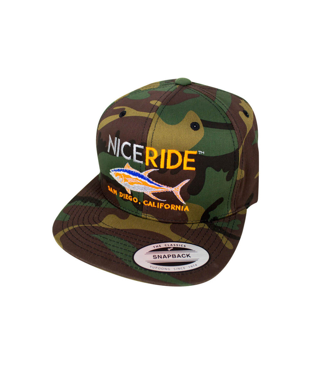 Camo Snapback Hat with NICE RIDE design and San Diego, California embroidery.