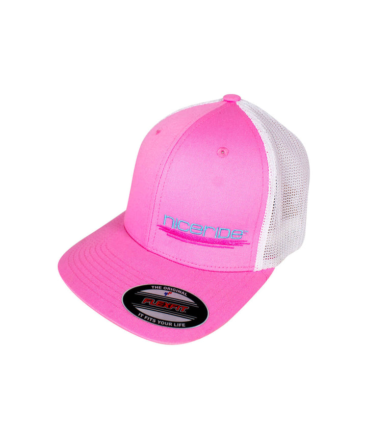 Pink Meshback Flexfit Hat featuring NICERIDE logo, designed for style and comfort.