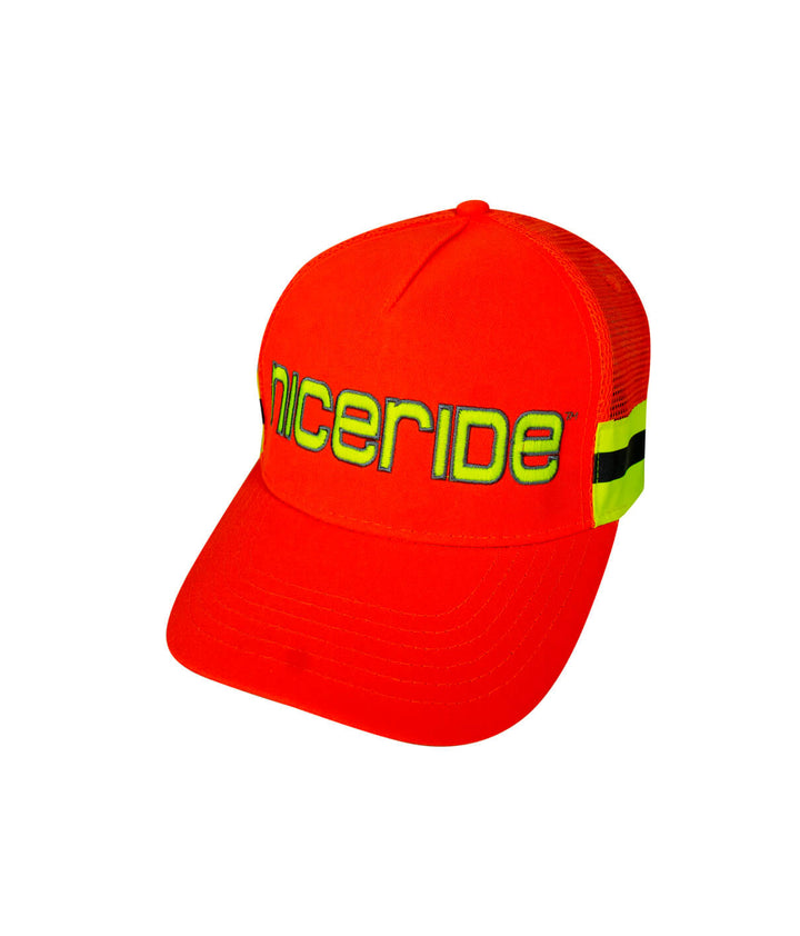 Safety Hat with NICERIDE logo in bright orange and yellow designed for safety and visibility.