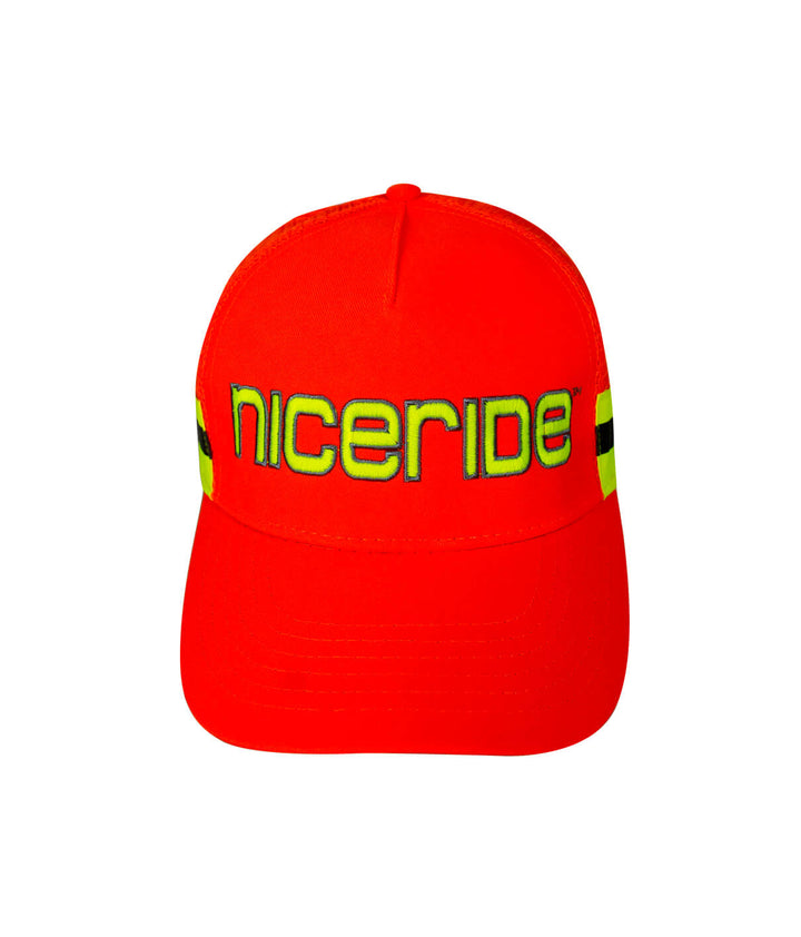 Bright red Safety Hat featuring NICERIDE logo in green and yellow, perfect for safety and style.