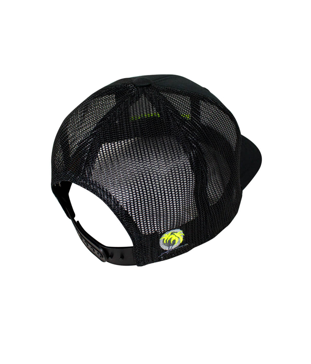Black Retro Trucker Hat showing back view with NICERIDE palm logo and mesh design, perfect for casual wear.