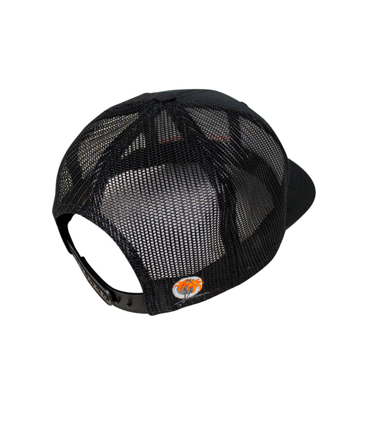 back view of Tower Black Retro Trucker Hat showcasing its mesh design and adjustable snap closure; perfect stylish hat.