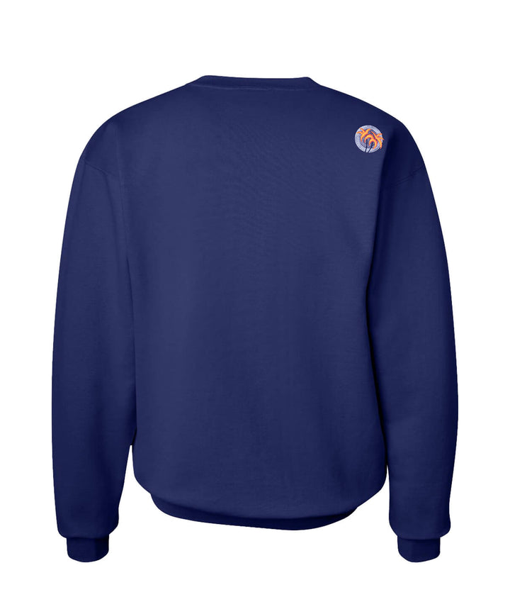 Back view of navy crewneck sweatshirt with palm logo embroidered on right shoulder, perfect for unisex style.