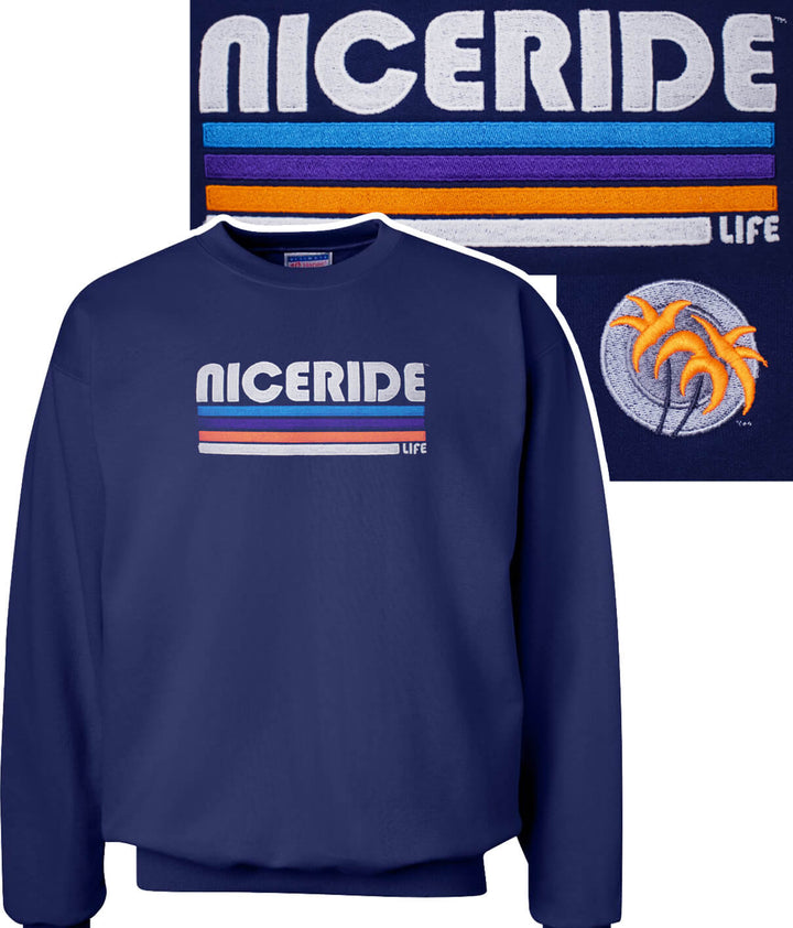 Navy crewneck sweatshirt featuring NICERIDE logo and palm design, ideal for unisex casual wear.