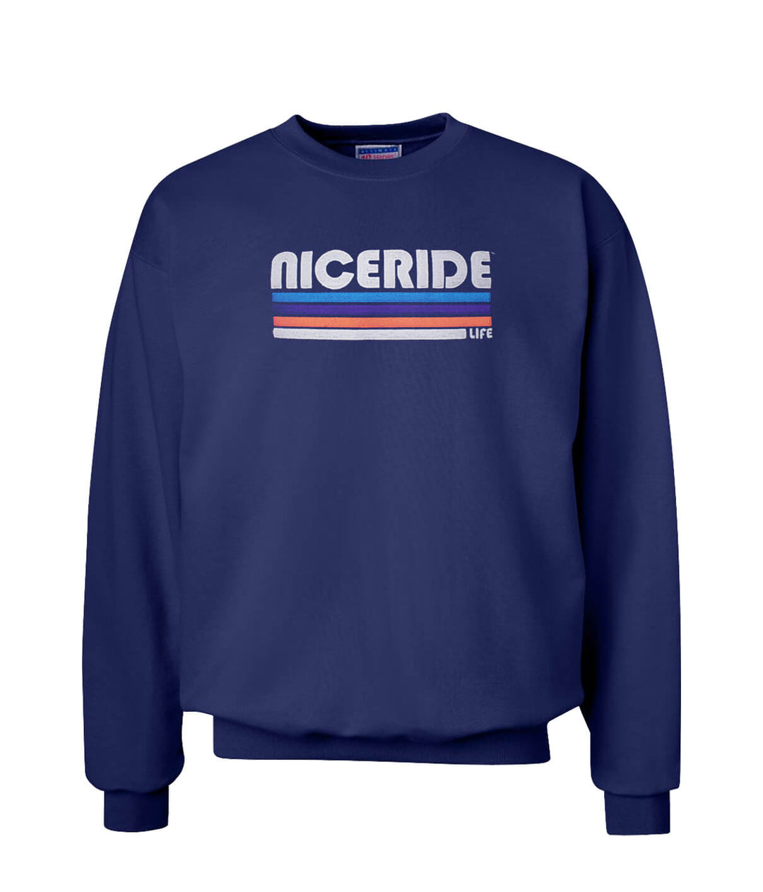 Navy crewneck sweatshirt featuring NICERIDE logo in retro style, perfect for unisex casual wear.