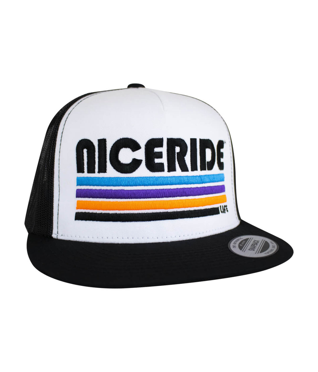 Unisex adjustable trucker cap with NICERIDE embroidered design, focusing on the hat features and style.