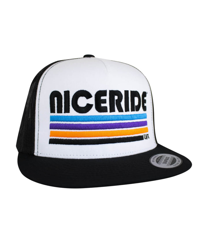 Unisex adjustable trucker cap with NICERIDE embroidered design, focusing on the hat features and style.