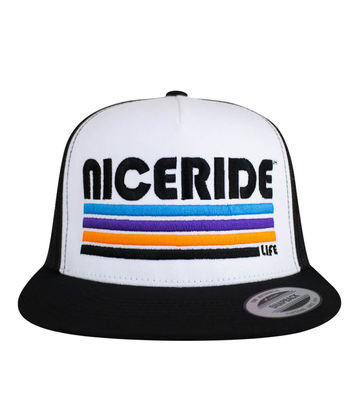 NICERIDE hat featuring embroidered logo with colorful stripes, adjustable unisex trucker cap.