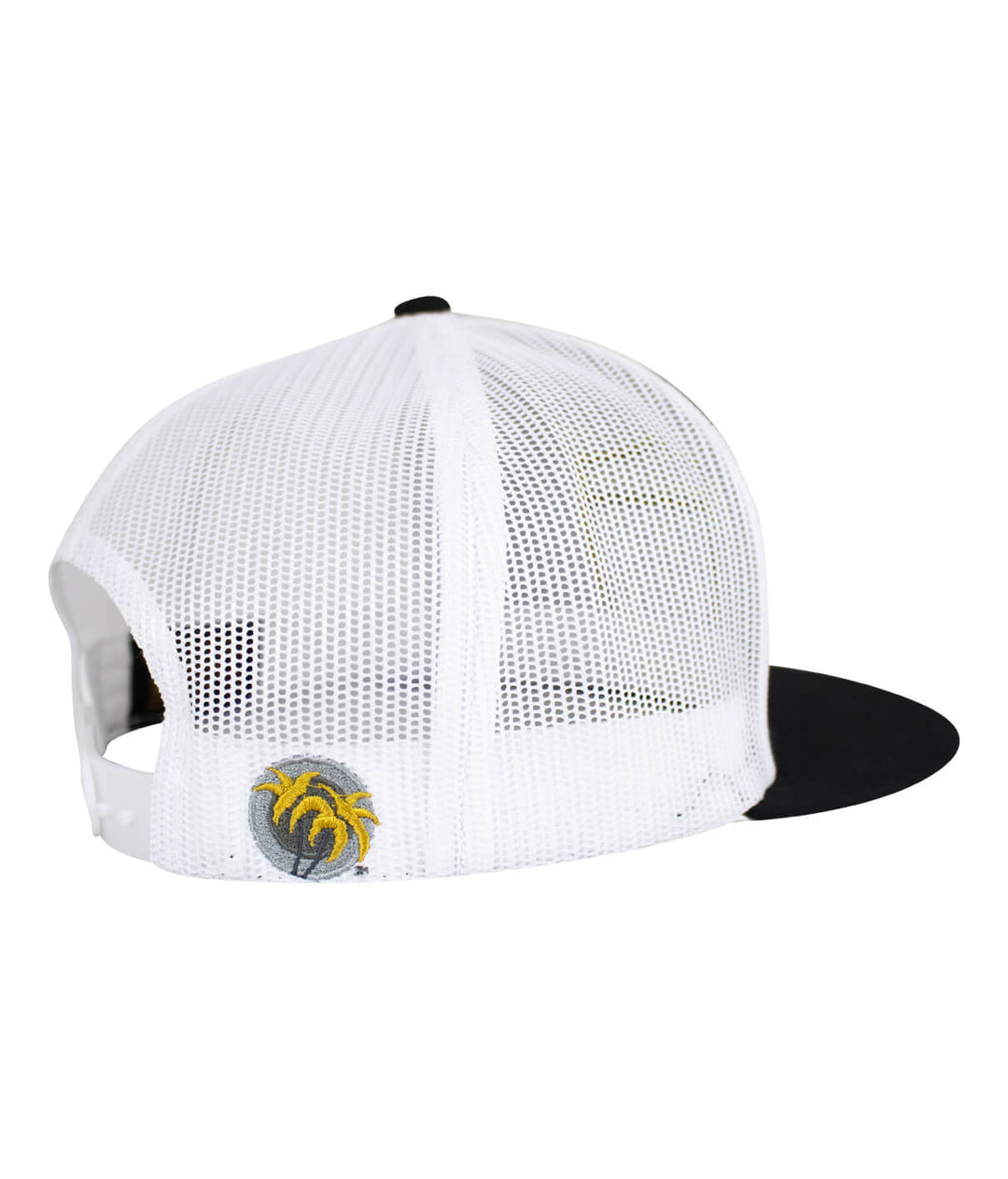Back view of the "Majesty" Trucker Hat featuring a black visor and NICERIDE palm logo embroidered on the side.