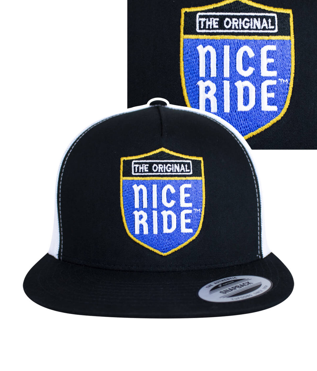 Majesty trucker hat with NICERIDE design embroidered on the front, a stylish black snapback hat.