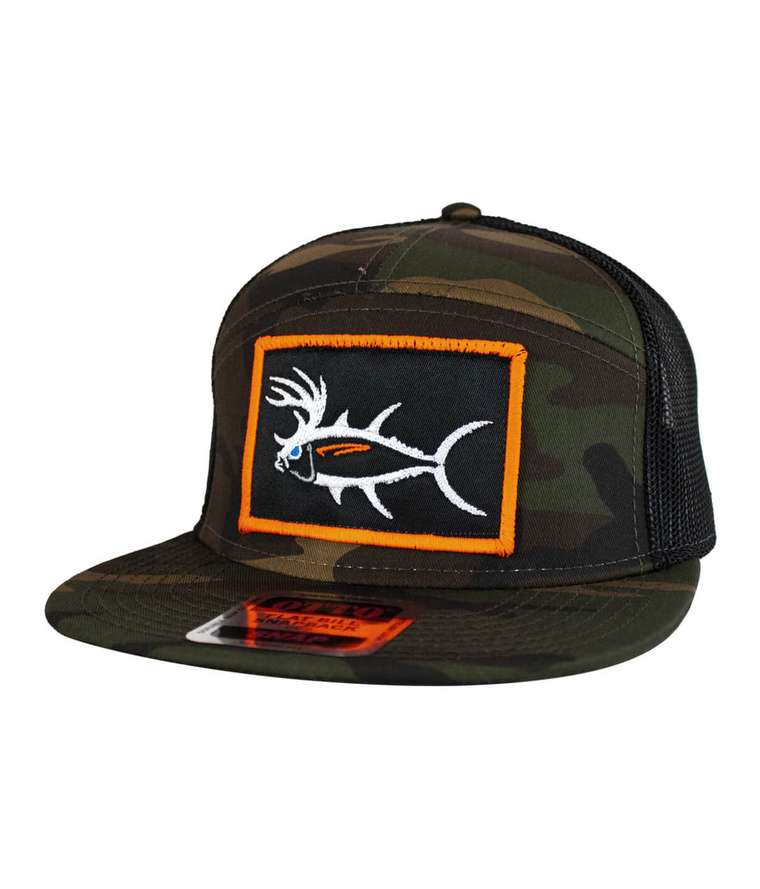 Camo Buck-Eye Patch OTTO unisex 7 panel trucker hat with embroidered fish design and mesh back.