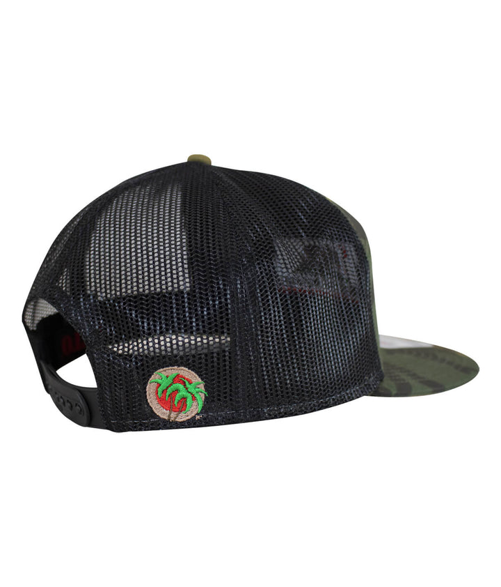 Back view of OTTO unisex California Flag 7 panel trucker hat with palm logo and mesh design.