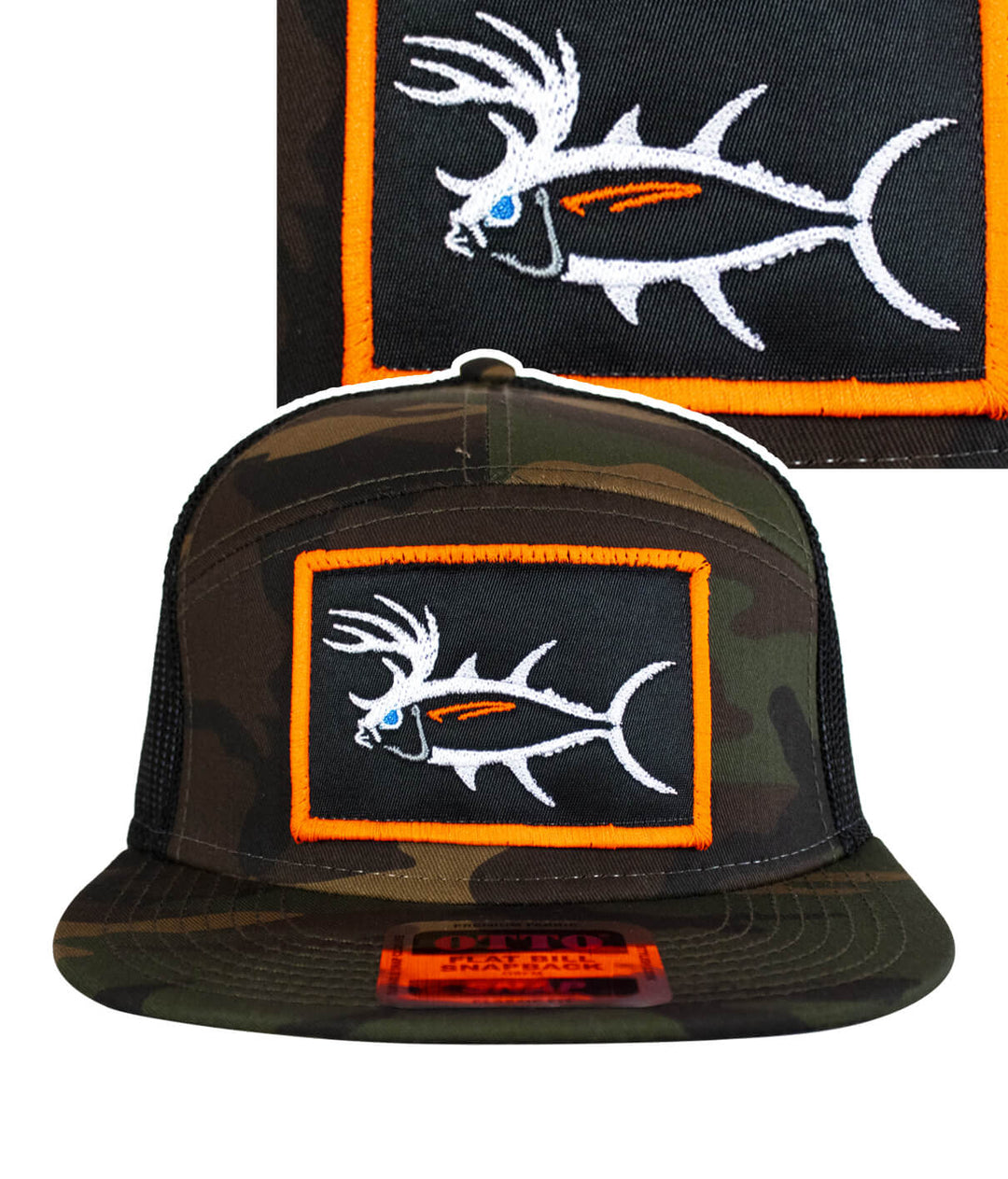 Buck-Eye Patch unisex trucker hat with embroidered fish design on camo background, perfect for outdoor adventures.