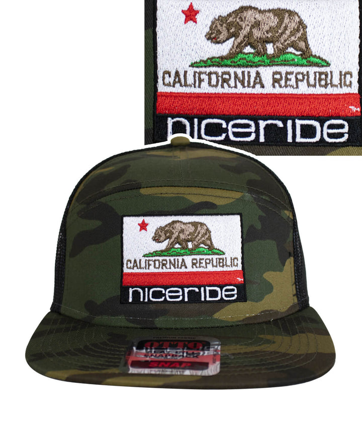 California Flag embroidered trucker hat in camo color by NICERIDE, featuring the California Republic bear design.