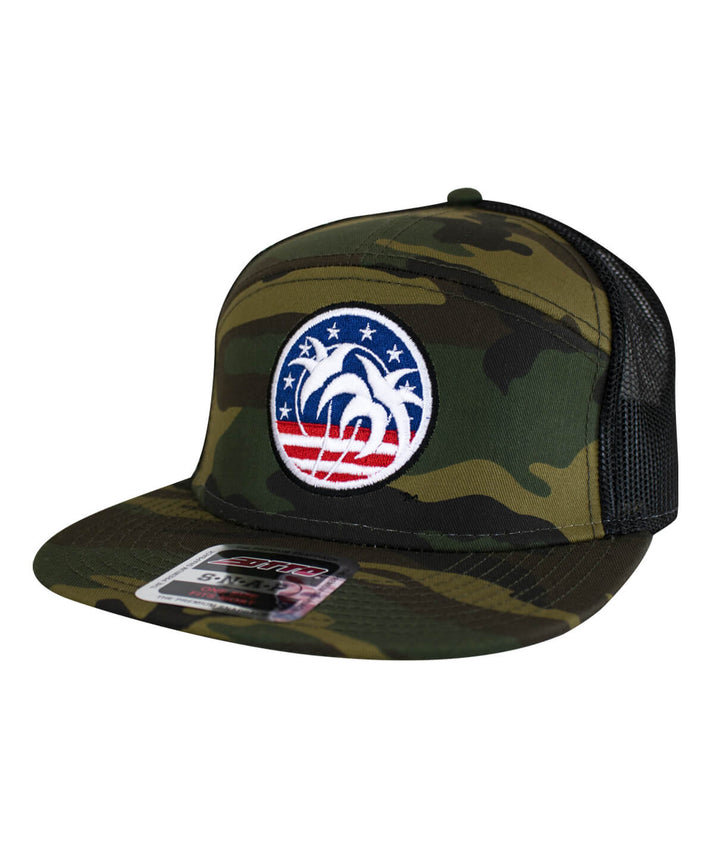 Camo trucker hat featuring "Spirit of 76" embroidered design with palm trees and stars, unisex baseball cap by OTTO.
