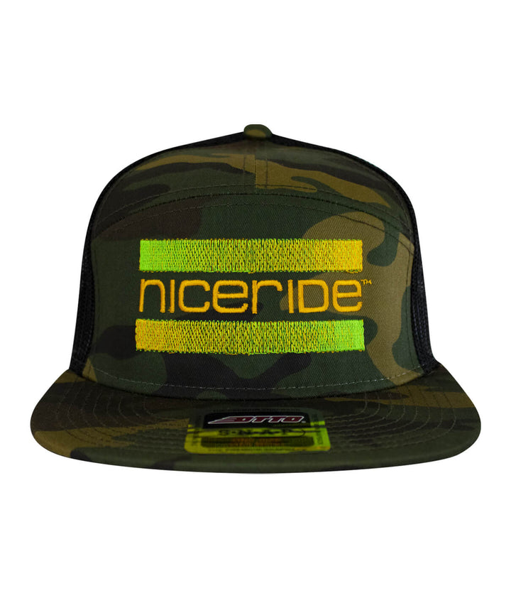 Camo trucker hat featuring NICERIDE logo in bright yellow and green, perfect for outdoor and casual wear.