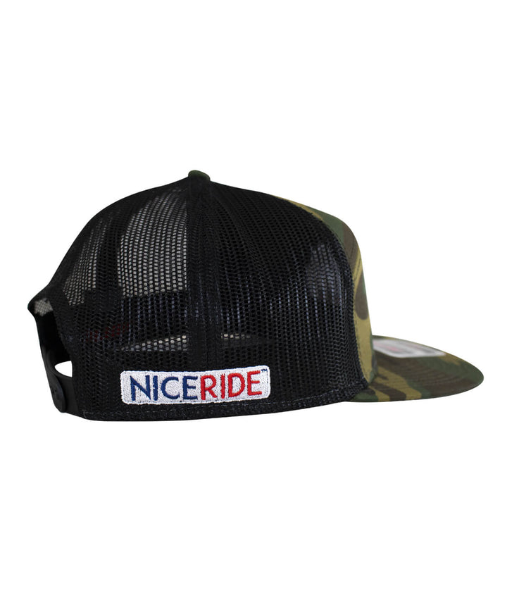 Back view of NICERIDE "Spirit of 76" unisex 7 panel trucker hat in camo with logo embroidery.
