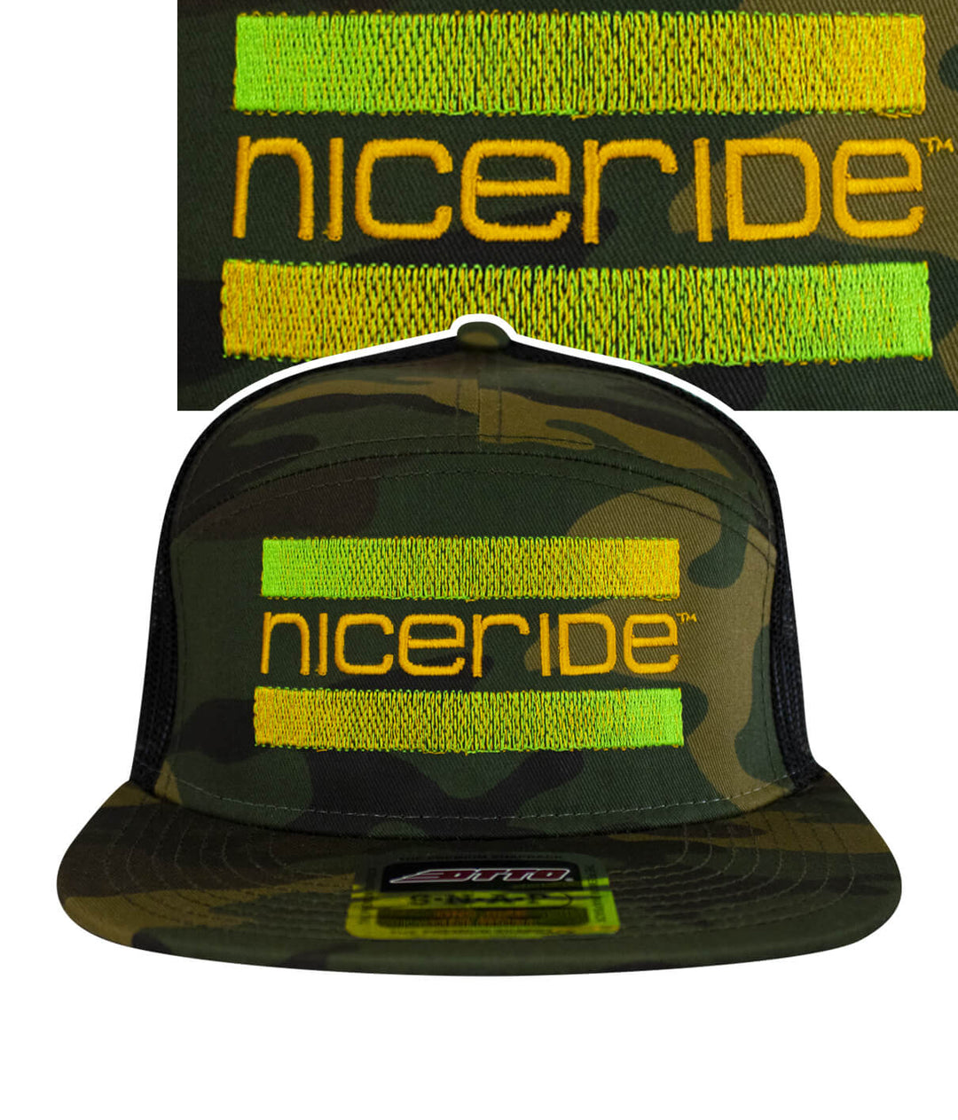 Camo trucker hat with NICERIDE logo embroidered in yellow and green, showcasing a stylish and trendy design.