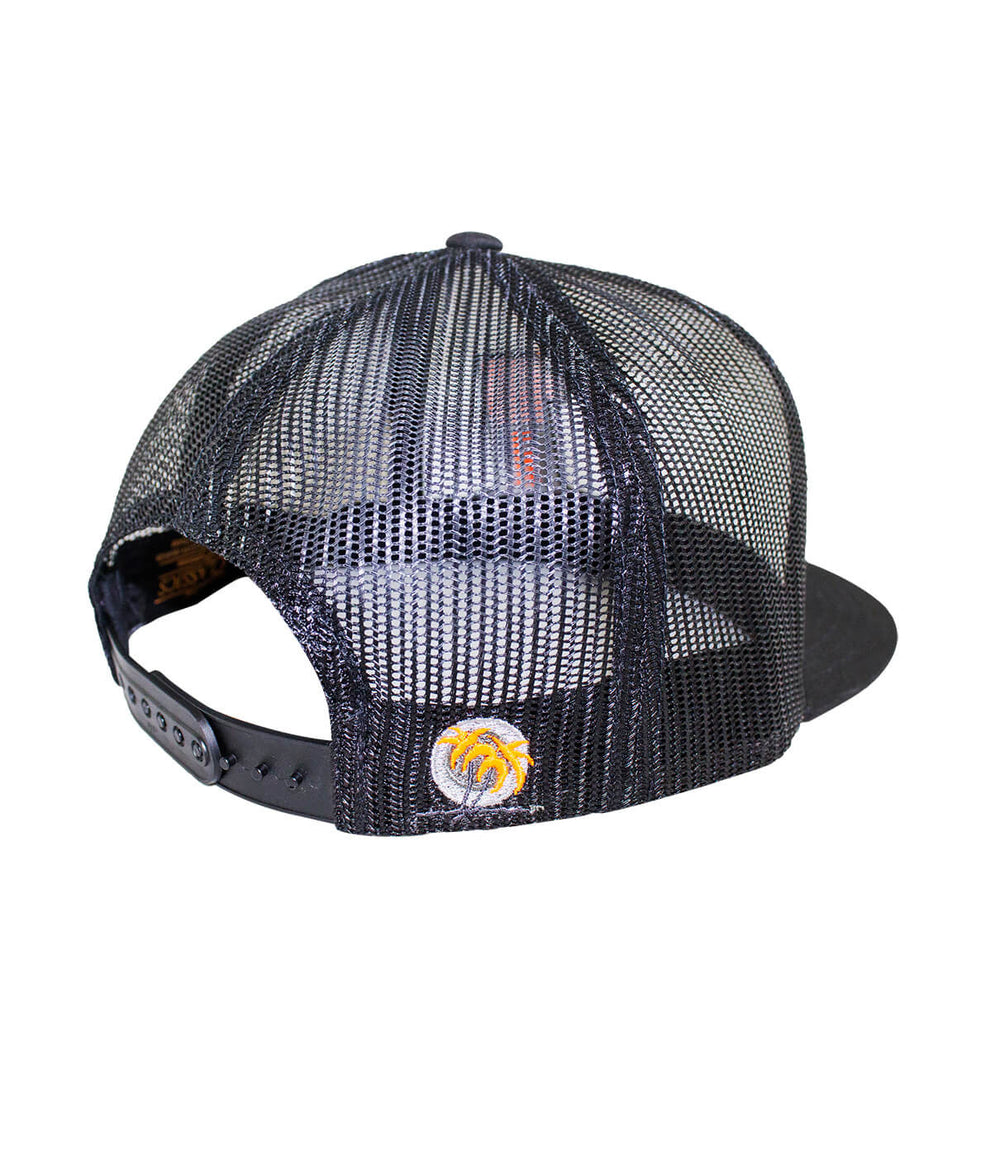 Back view of N-R 1 Trucker Hat featuring a black mesh design and embroidered palm logo.