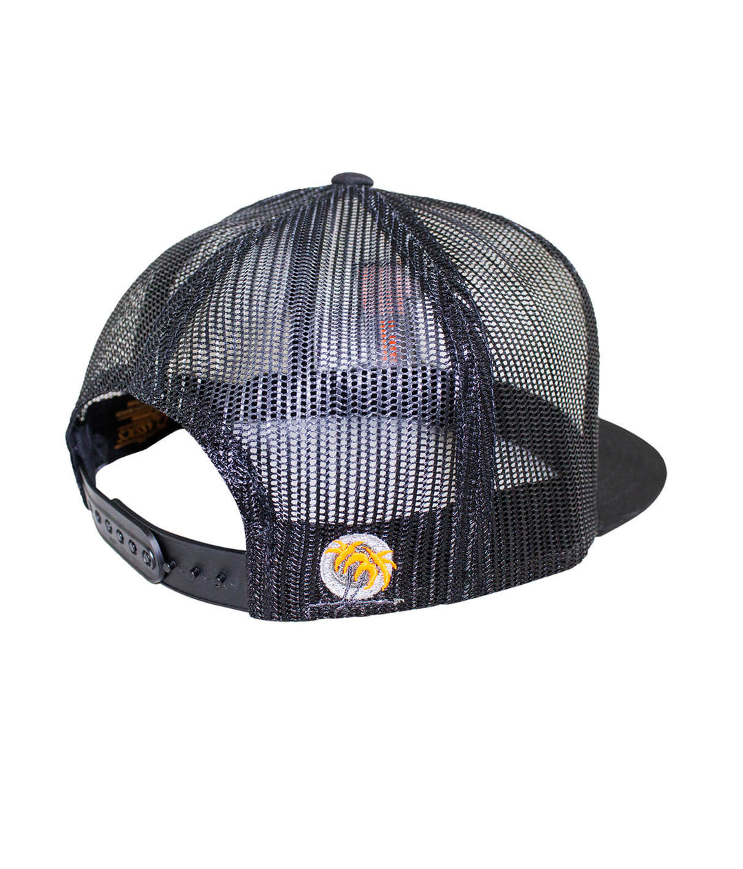 Back view of N-R 1 Trucker Hat featuring a black mesh design and embroidered palm logo.