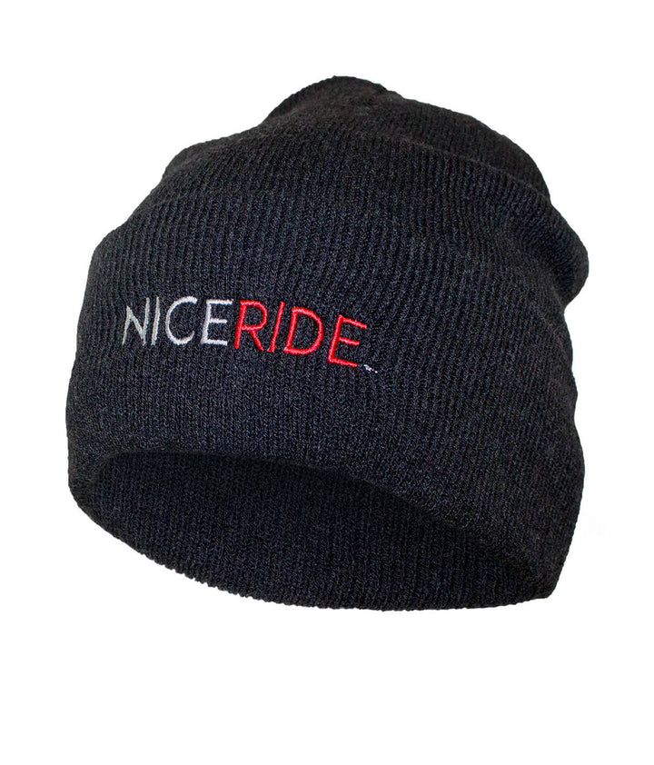 NICERIDE cuff beanie with embroidered logo, soft cuffed knit design, perfect for winter wear.