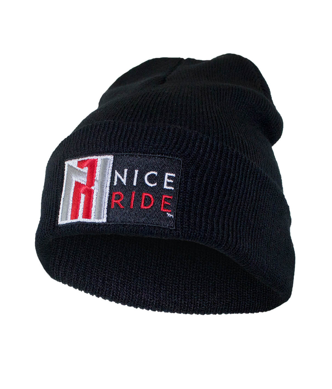 N-R Red cuff beanie featuring NICERIDE logo, 100% acrylic knit, perfect for warmth and style.