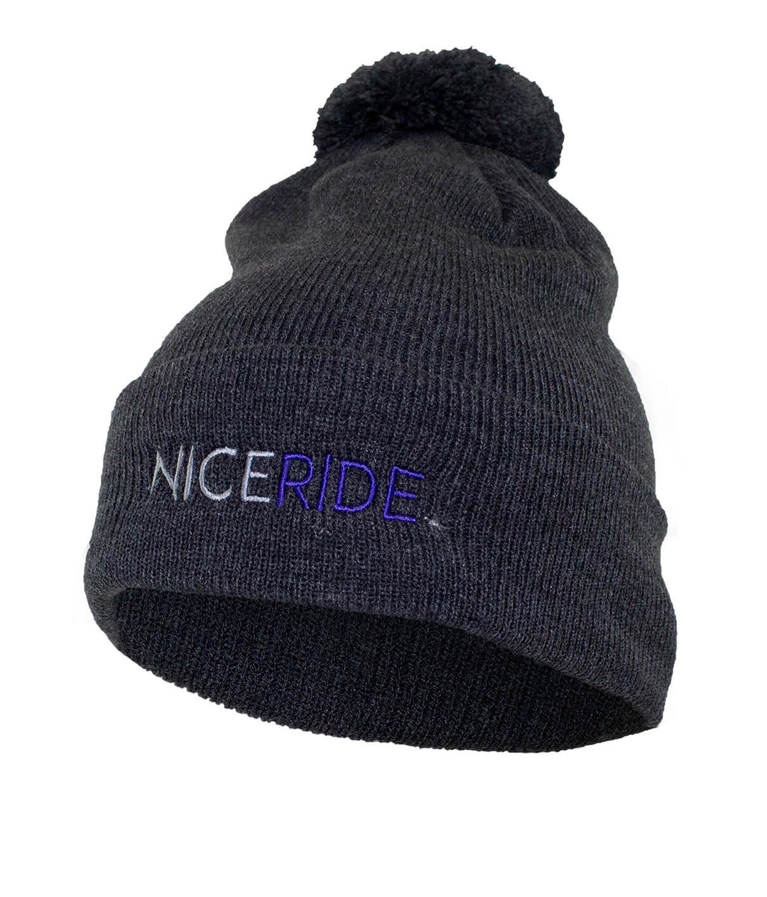 NICERIDE puff beanie in soft charcoal grey with pom pom and embroidered logo, perfect beanie for winter wear.