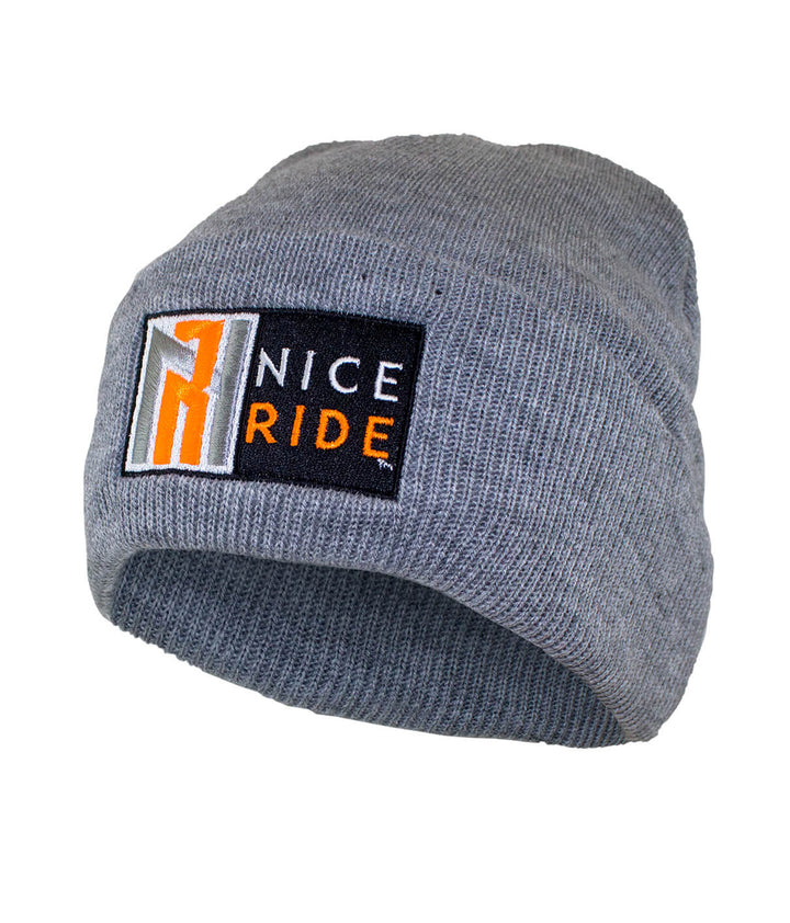 N-R Neon Orange cuffed beanie with NICERIDE logo, 12" acrylic knit, perfect for style and warmth.