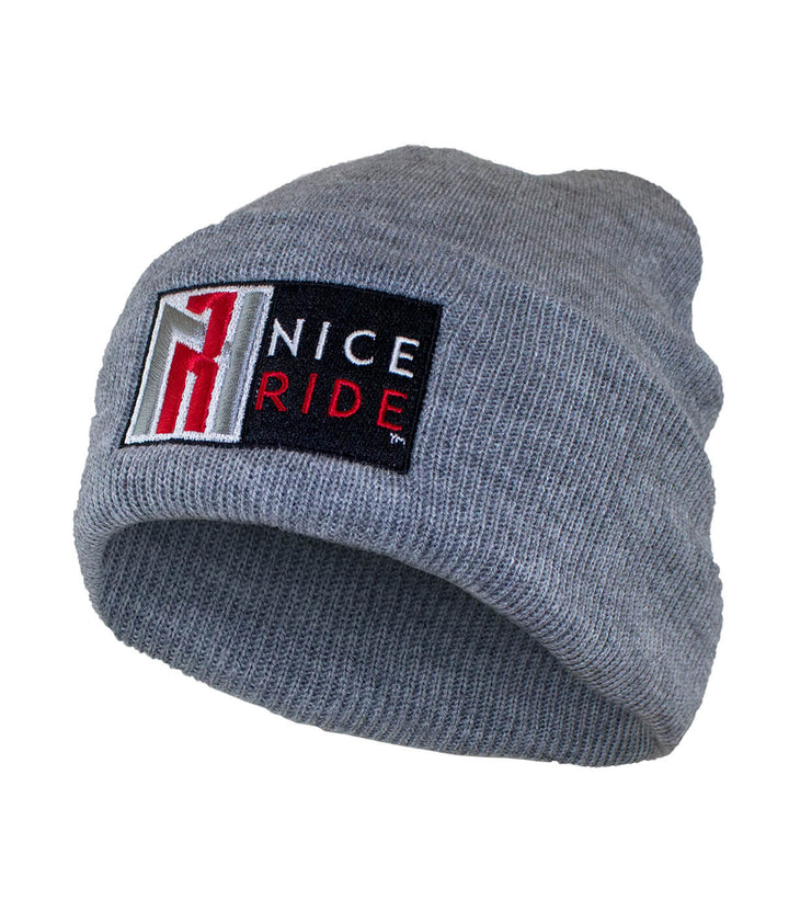 N-R Red cuff beanie made of 100% acrylic knit with embroidered logo, perfect for keeping warm.