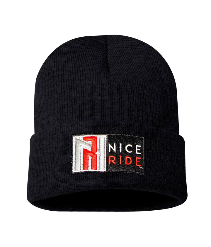 N-R Red cuff beanie made of 100% acrylic knit with NICERIDE logo in red, perfect winter accessory.