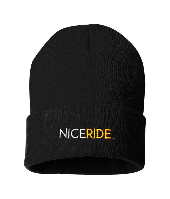 NICERIDE cuff beanie in black with embroidered logo, perfect stylish accessory for winter.