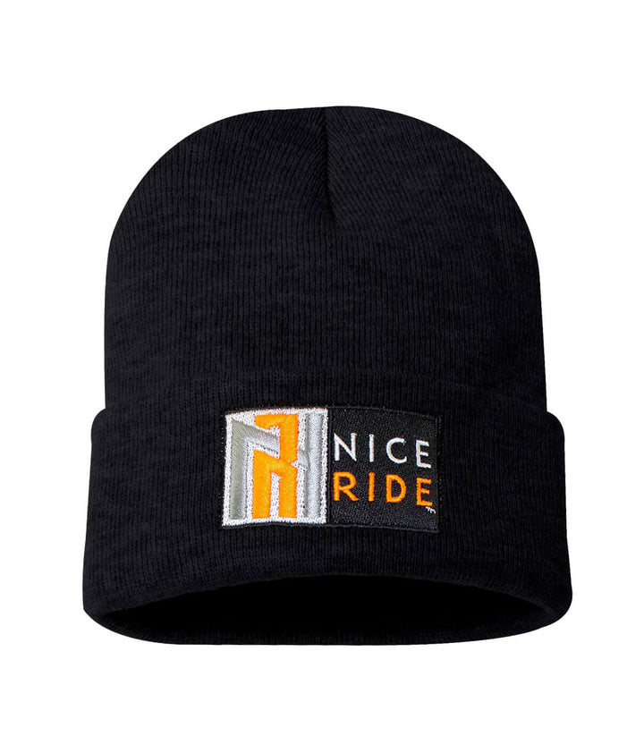N-R Neon Orange cuffed beanie showcasing NICERIDE logo, perfect accessory for style and warmth.