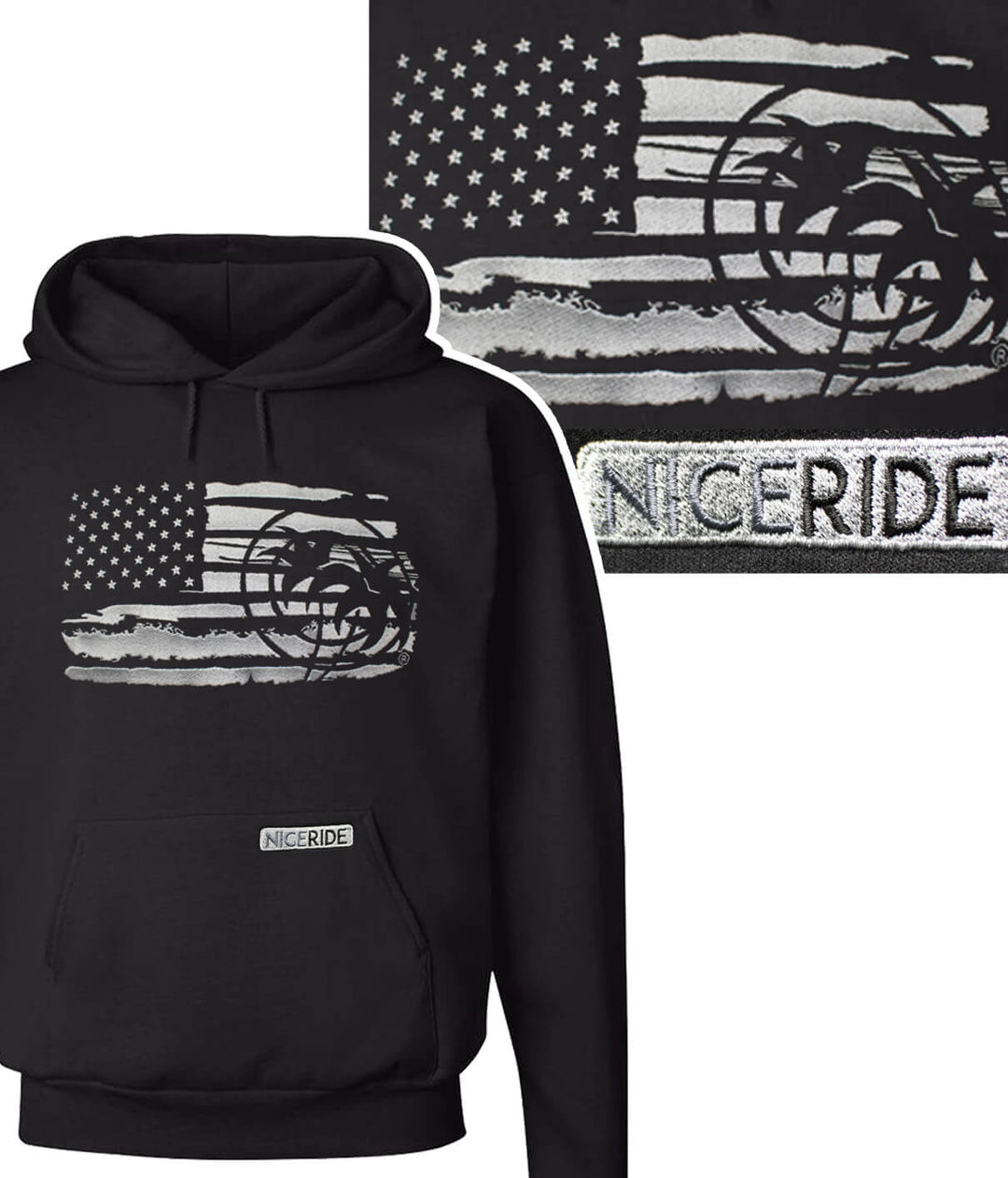 Black unisex pullover hoodie featuring American flag and NICERIDE design, perfect for men and women.