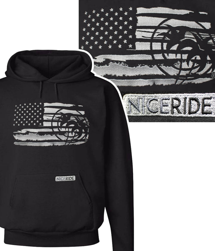 Strong Faded black hoodie featuring American flag design and NICERIDE logo.