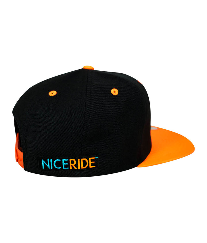 Back view of a unisex adjustable snapback hat featuring NICERIDE logo on black and orange design.
