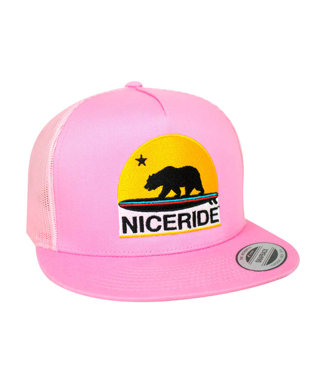 NICERIDE pink trucker cap with bear design and embroidered logo, stylish hat for casual wear and outdoor activities.