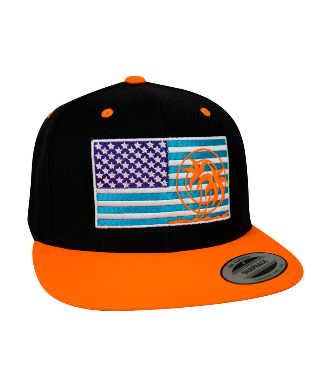 Pride Explorer unisex adjustable snapback hat with American flag and NICERIDE design, black and orange colors.