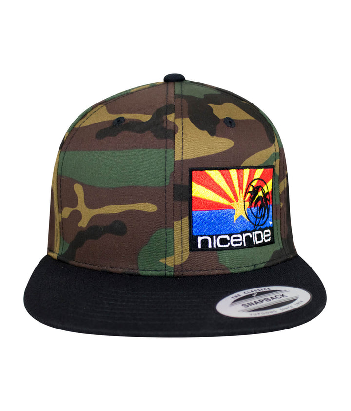 Arizona Flag snapback hat featuring NICERIDE embroidery on a camo design with classic palm logo.