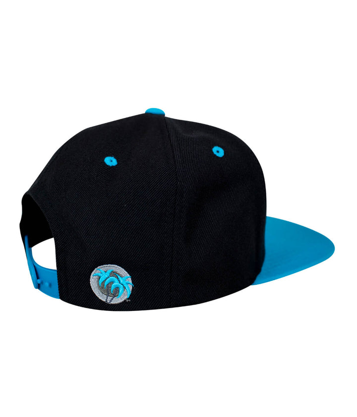 Half Pipe Flatbill Snapback Hat with black body and turquoise brim, featuring embroidery on the back. Perfect hat for casual wear.