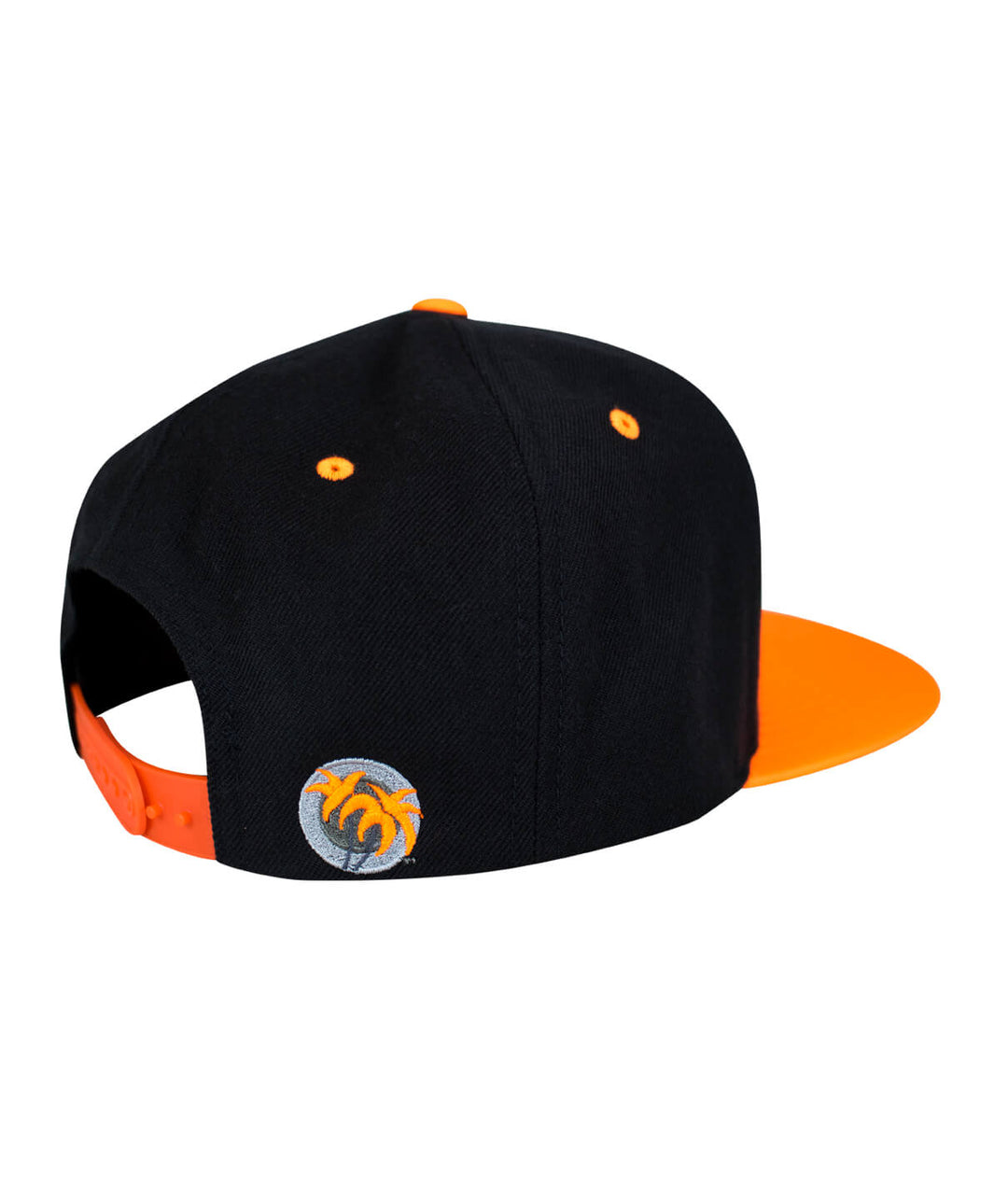 Back view of a black and orange Half Pipe Flatbill Snapback Hat with embroidered logo.