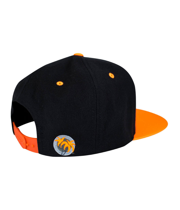 Back view of a black and orange Half Pipe Flatbill Snapback Hat with embroidered logo.
