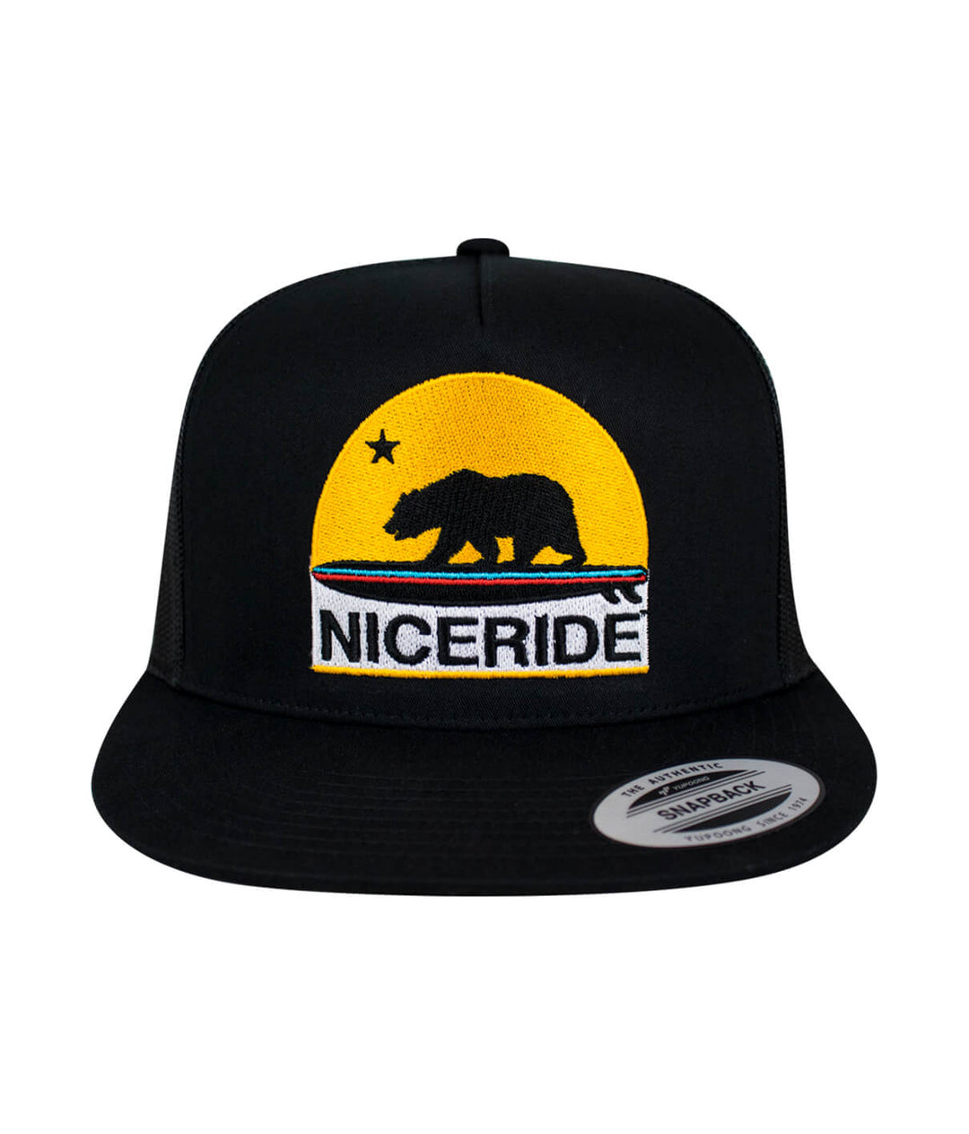 Golden Bear trucker hat with embroidered design on front panel, ideal for outdoor adventures and casual wear.