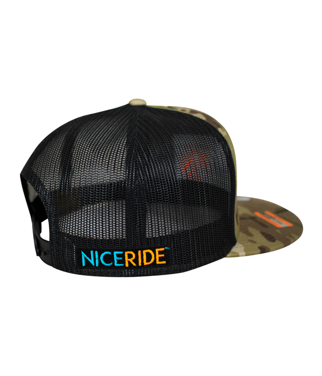 Back view of a camo hat featuring NICERIDE logo on the adjustable strap, perfect for outdoor activities.
