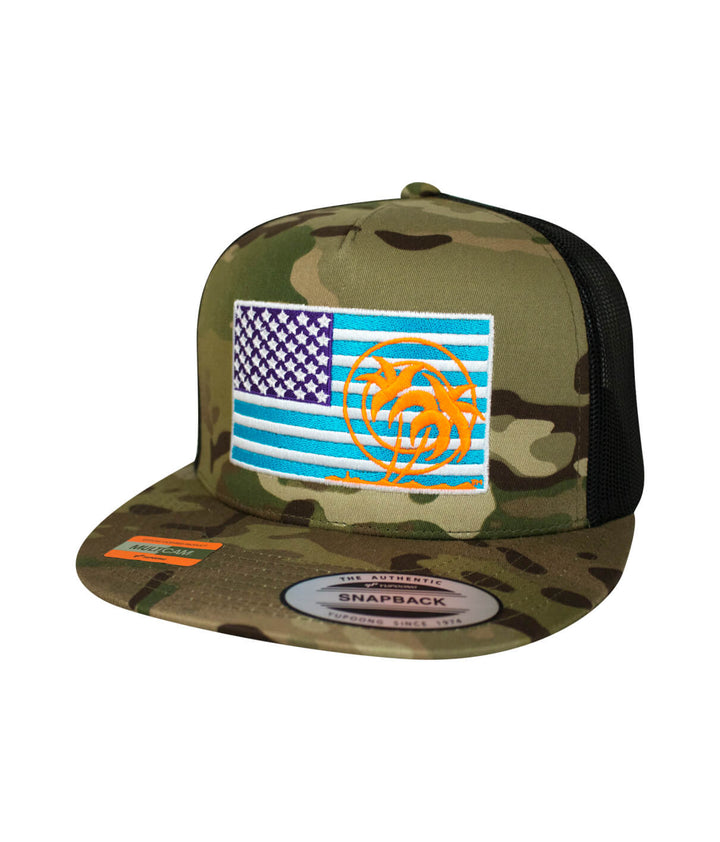 Pride Explorer hat featuring American flag embroidery on a camo snapback trucker style.