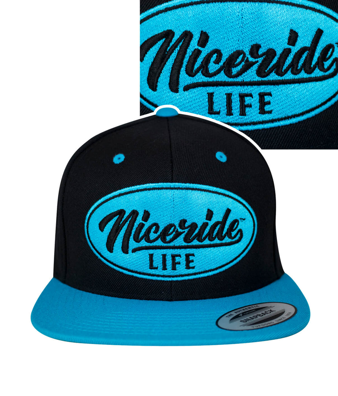 NICERIDE Life unisex adjustable snapback hat with bold turquoise embroidery on black fabric.